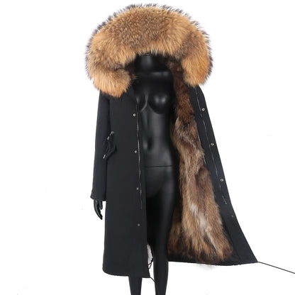 Langer Damen Winter Parka mit Kapuze und Pelzbesatz, warm gefüttert