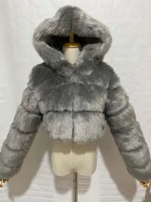 Kurze Damen Pelzimitat Jacke mit Kapuze und langen Ärmeln