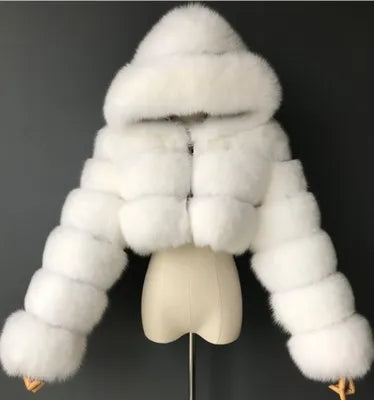 Kurze Damen Pelzimitat Jacke mit Kapuze und langen Ärmeln