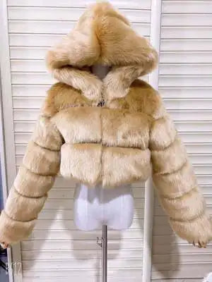 Kurze Damen Pelzimitat Jacke mit Kapuze und langen Ärmeln