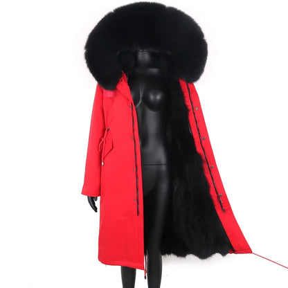 Langer Damen Winter Parka mit Kapuze und Pelzbesatz, warm gefüttert