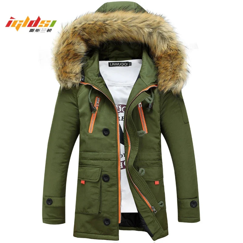 Herren Winterparka mit Kapuze und Kunstfellbesatz, Militärgrün