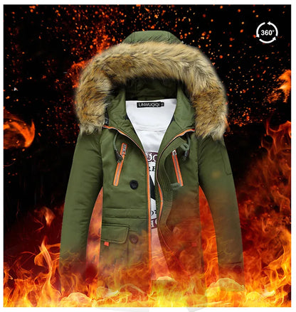 Herren Winterparka mit Kapuze und Kunstfellbesatz, Militärgrün