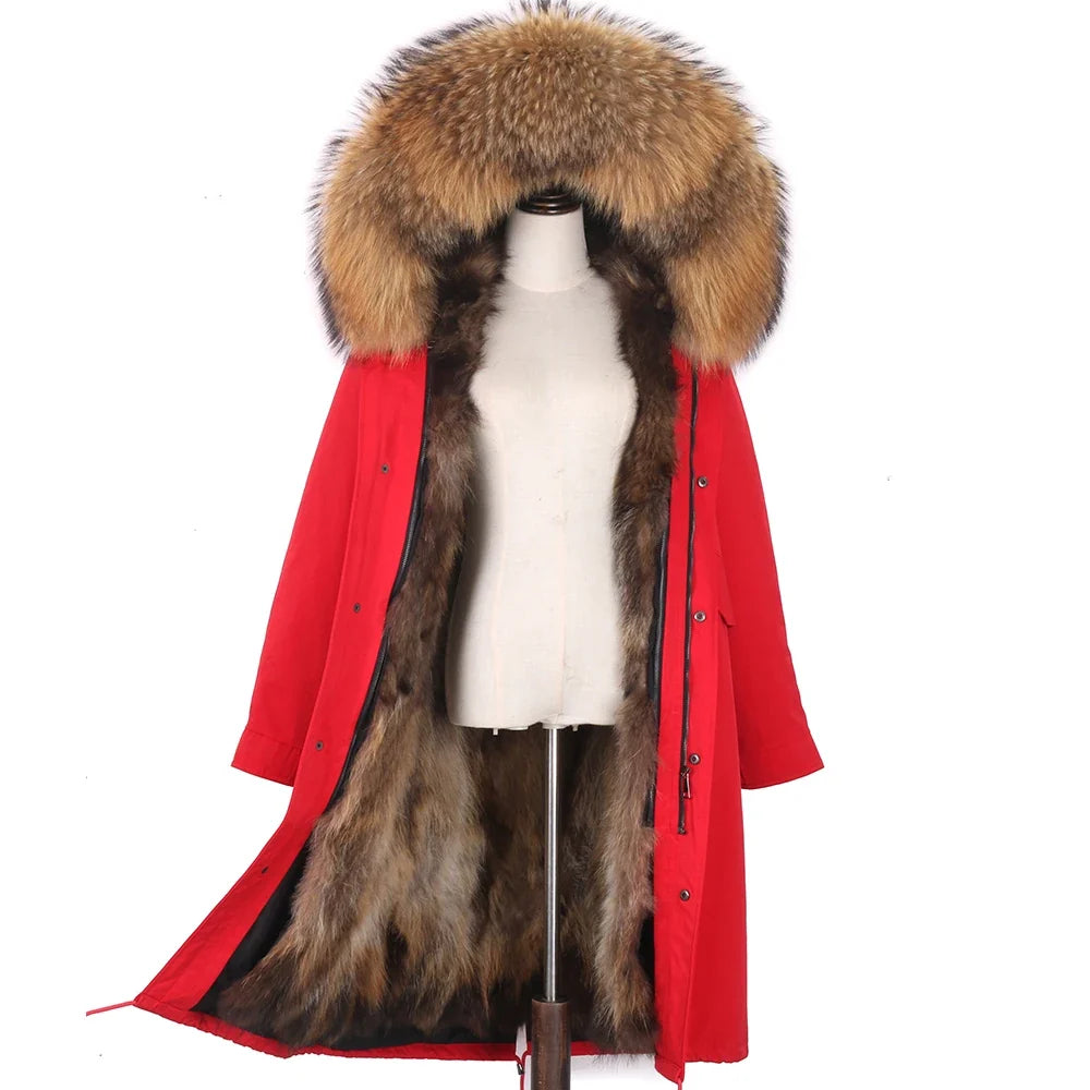 Damen Winterparka Schwarz mit Pelzbesatz Kapuze Lang