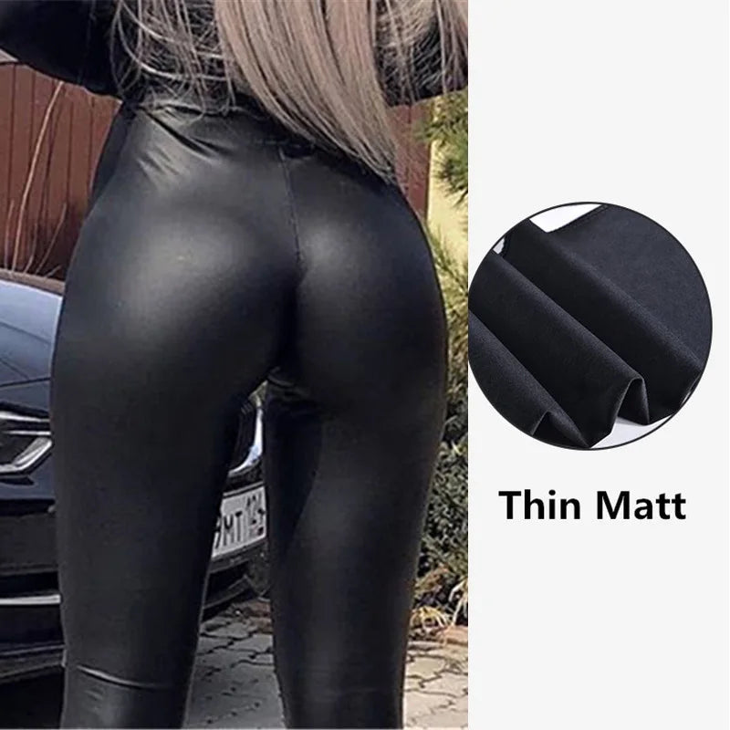 Damen Leggings Hochglanz Look Hose Schwarz Glänzend Matt