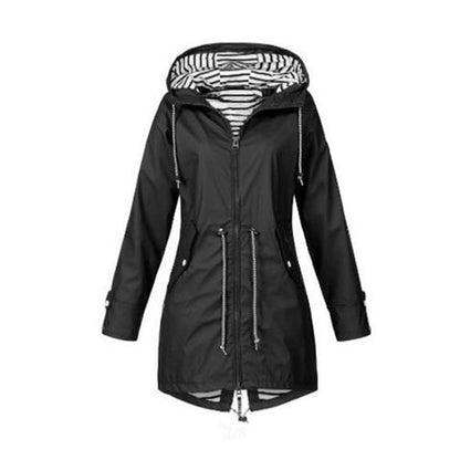 Damen Regenjacke mit Kapuze und Tunnelzug gestreiftes Futter