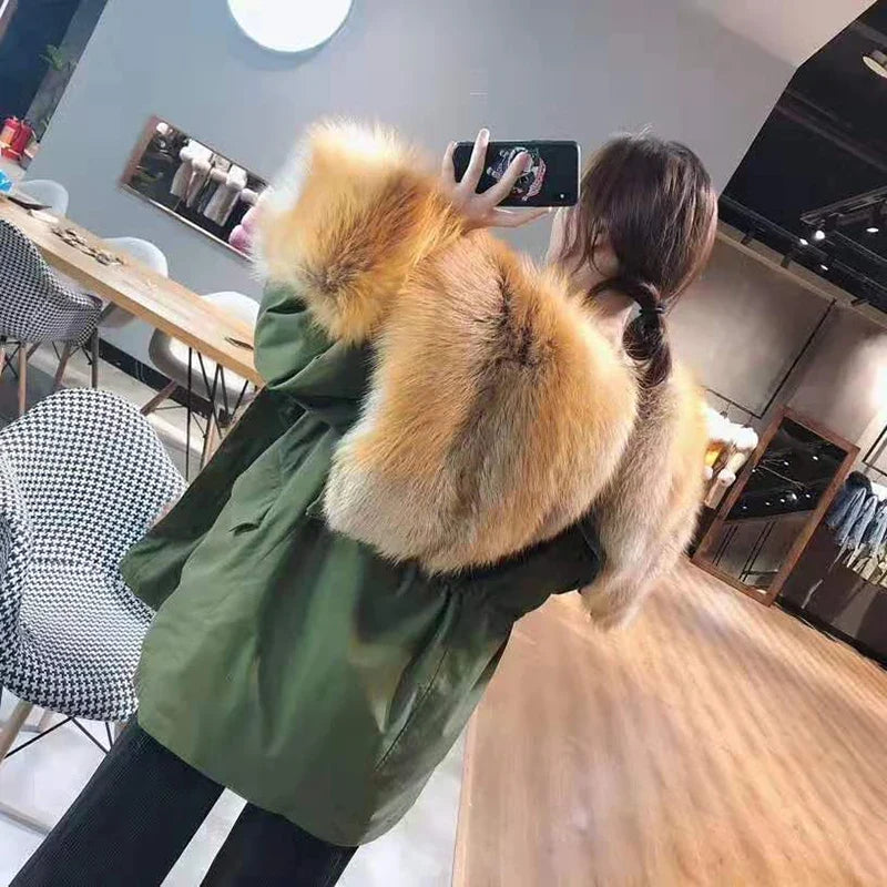 Damen Parka Jacke mit Kapuze und Pelzimitat Futter Olive Grün