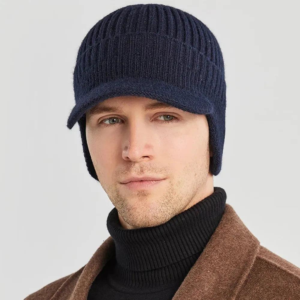 Strickmütze mit Schirm und Ohrenklappen Herren Wintermütze gerippt