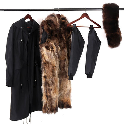 Langer Damen Winter Parka mit Kapuze und Pelzbesatz, warm gefüttert