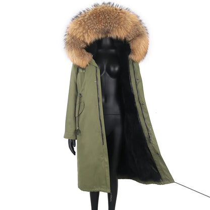 Langer Damen Winter Parka mit Kapuze und Pelzbesatz, warm gefüttert
