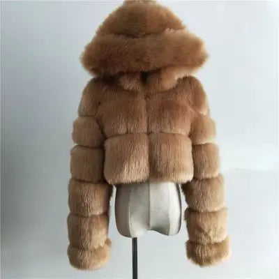 Kurze Damen Pelzimitat Jacke mit Kapuze und langen Ärmeln