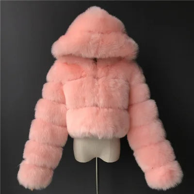 Kurze Damen Pelzimitat Jacke mit Kapuze und langen Ärmeln