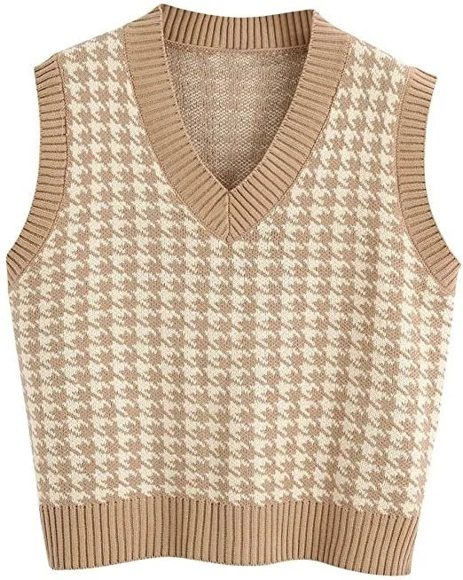 Damen Pullunder Hahnentritt V-Ausschnitt Strickweste Beige