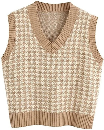 Damen Pullunder Hahnentritt V-Ausschnitt Strickweste Beige