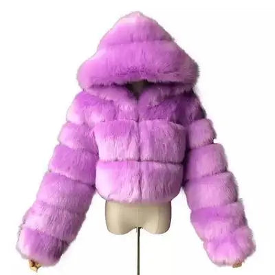 Kurze Damen Pelzimitat Jacke mit Kapuze und langen Ärmeln