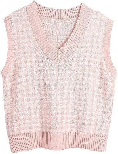 Damen Pullunder Hahnentritt V-Ausschnitt Strickweste Beige