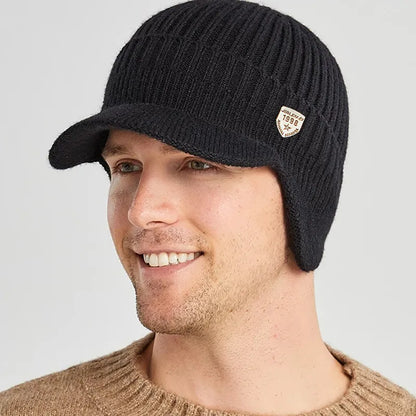 Strickmütze mit Schirm und Ohrenklappen Herren Wintermütze gerippt