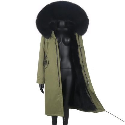 Langer Damen Winter Parka mit Kapuze und Pelzbesatz, warm gefüttert