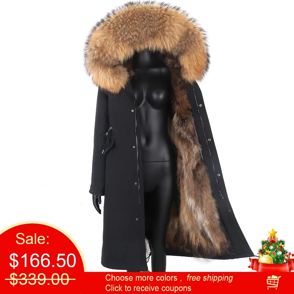 Damen Winterparka Schwarz mit Pelzbesatz Kapuze Lang