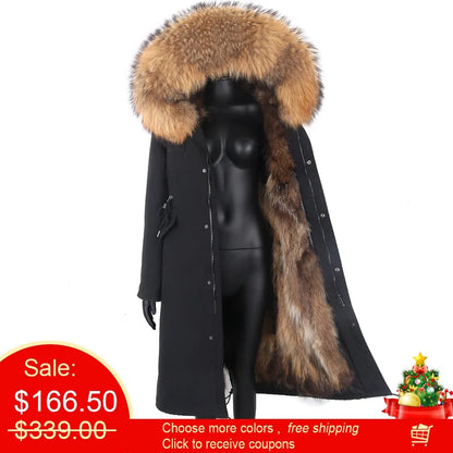 Damen Winterparka Schwarz mit Pelzbesatz Kapuze Lang