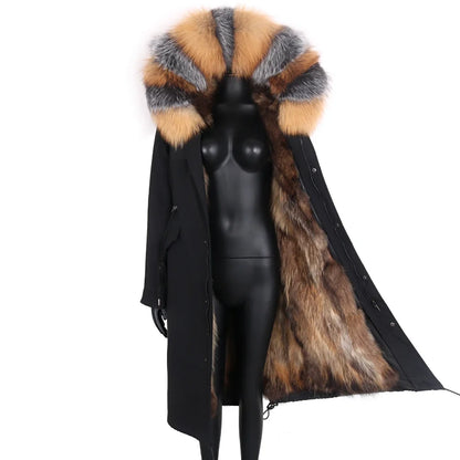 Langer Damen Winter Parka mit Kapuze und Pelzbesatz, warm gefüttert