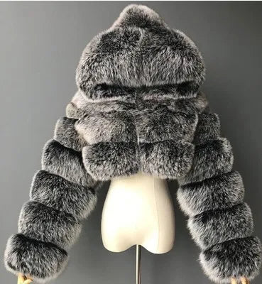 Kurze Damen Pelzimitat Jacke mit Kapuze und langen Ärmeln