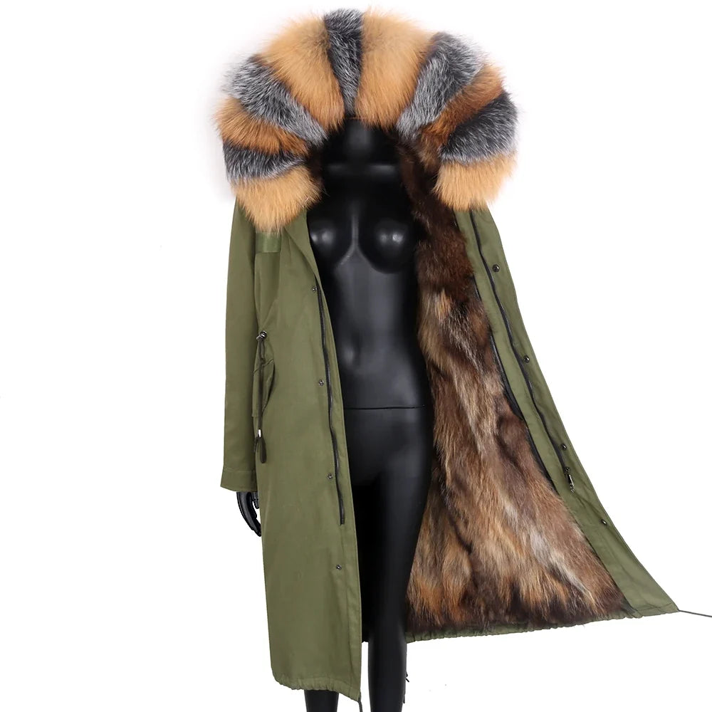Langer Damen Winter Parka mit Kapuze und Pelzbesatz, warm gefüttert