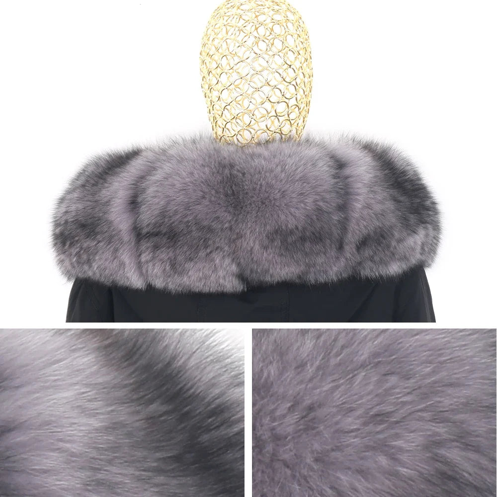 Damen Winterparka Schwarz mit Pelzbesatz Kapuze Lang