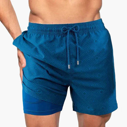 Herren Badeshorts mit Kompressions-Innenshorts – Moderne, schnell trocknende Swimshorts mit tropischem Muster für Strand & Sport