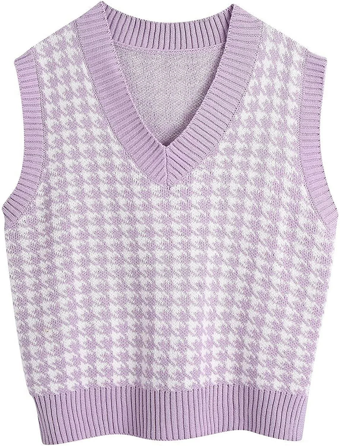 Damen Pullunder Hahnentritt V-Ausschnitt Strickweste Beige