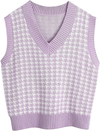 Damen Pullunder Hahnentritt V-Ausschnitt Strickweste Beige