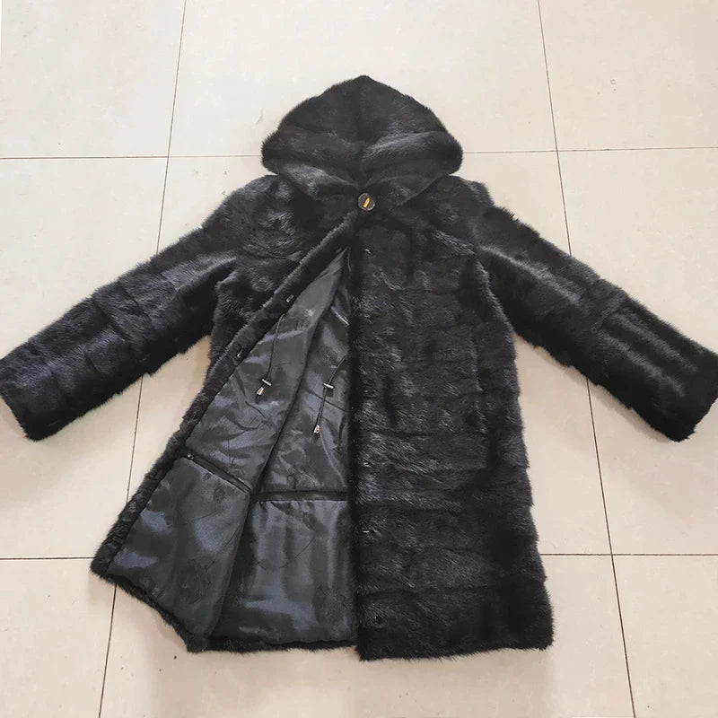 Damen Kunstpelz Mantel Schwarz mit Kapuze Langarm