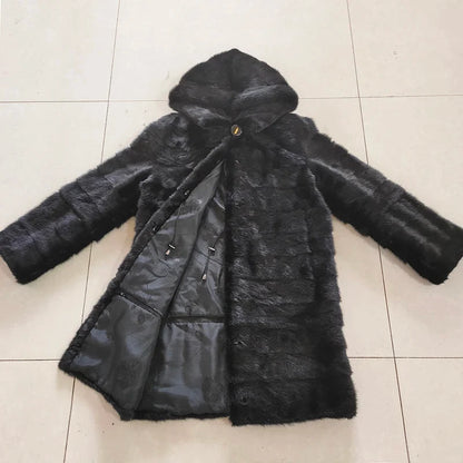 Damen Kunstpelz Mantel Schwarz mit Kapuze Langarm