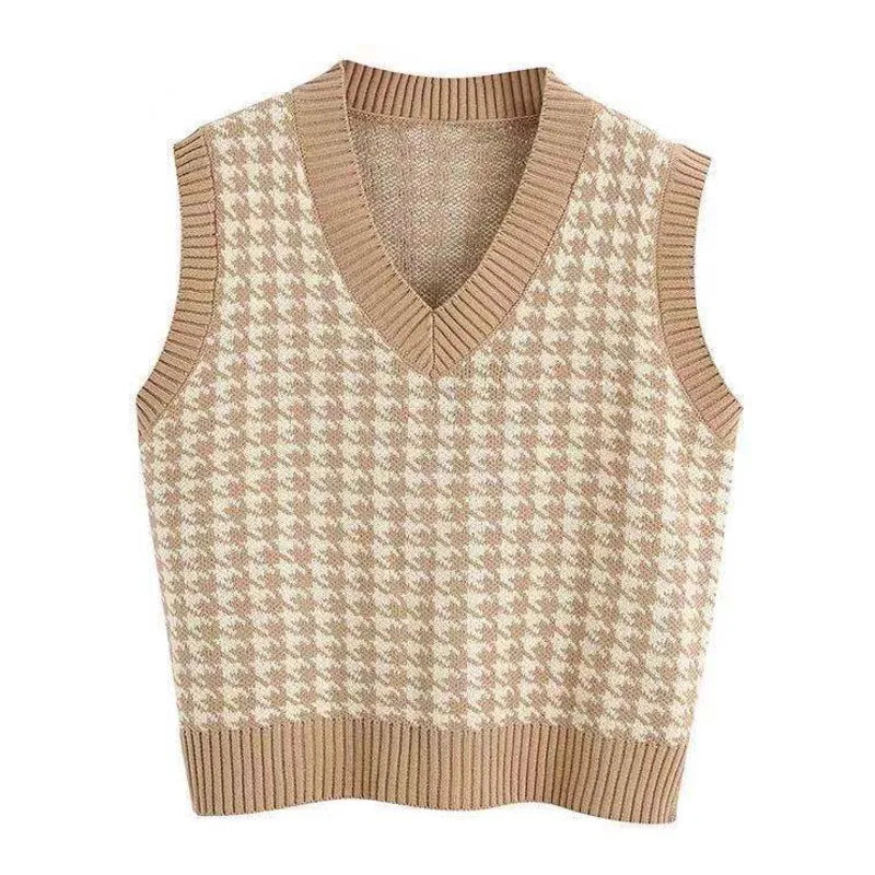 Damen Pullunder Hahnentritt V-Ausschnitt Strickweste Beige