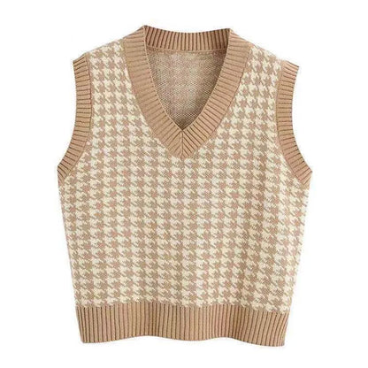 Damen Pullunder Hahnentritt V-Ausschnitt Strickweste Beige