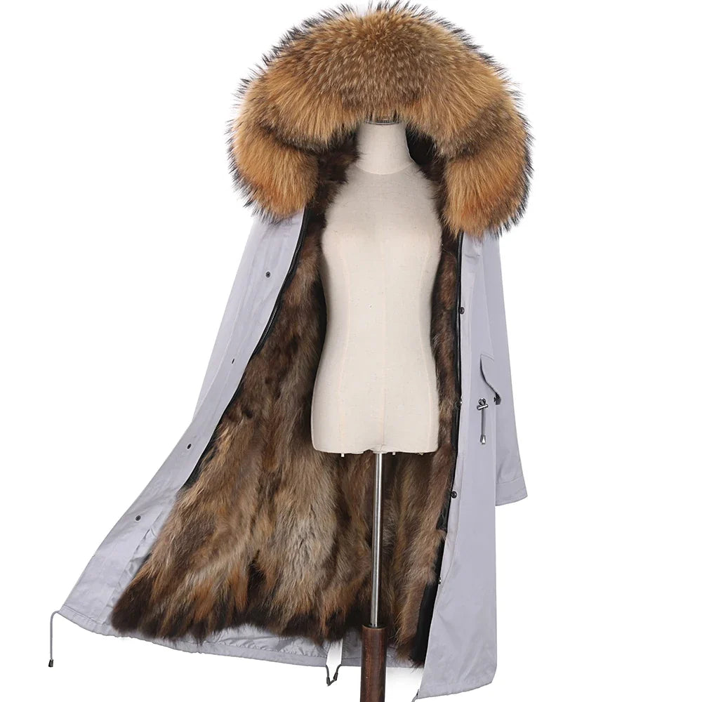 Damen Winterparka Schwarz mit Pelzbesatz Kapuze Lang