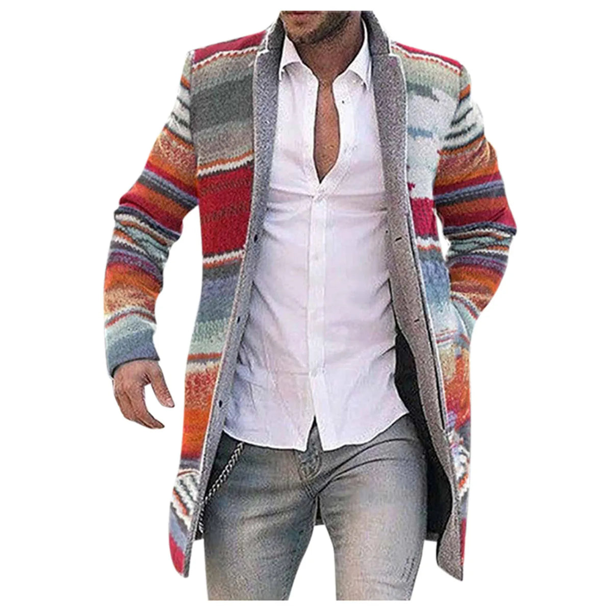 Herren Cardigan Strickjacke Lang Multi-Farben Gestreift Offen Wintermantel Jacke