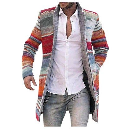 Herren Cardigan Strickjacke Lang Multi-Farben Gestreift Offen Wintermantel Jacke