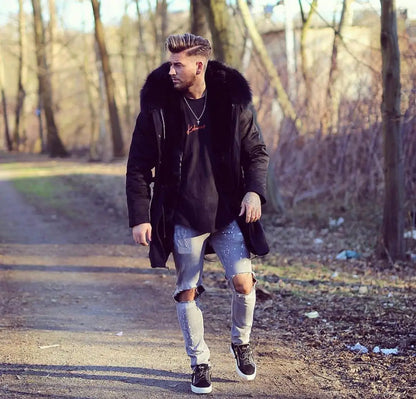 Herren Winter Parka mit Kapuze und Fellkragen, gefüttert