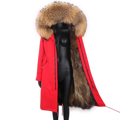 Langer Damen Winter Parka mit Kapuze und Pelzbesatz, warm gefüttert