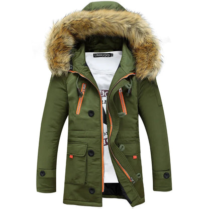 Herren Winterparka mit Kapuze und Kunstfellbesatz, Militärgrün