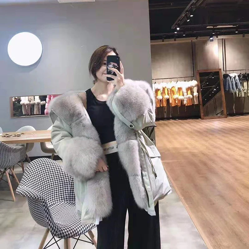 Damen Parka Jacke mit Kapuze und Pelzimitat Futter Olive Grün