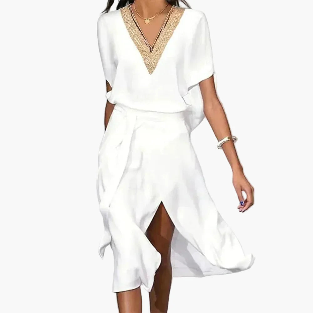 Damen Midikleid mit V-Ausschnitt und elegantem Design – Perfekt für Alltag und besondere Anlässe