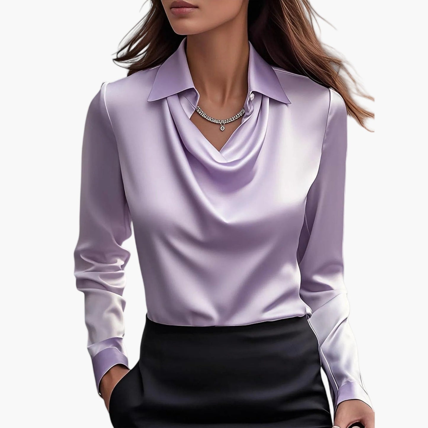 Damen Satinbluse mit Wasserfallkragen – Elegante Business- und Abendmode