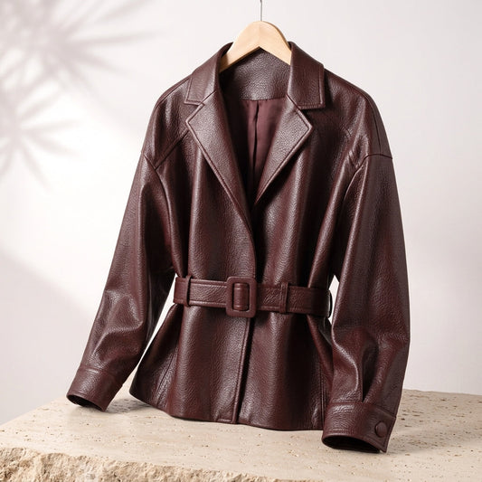 Kurze Jacke mit Reverskragen und Bindegürtel, Lederoptik