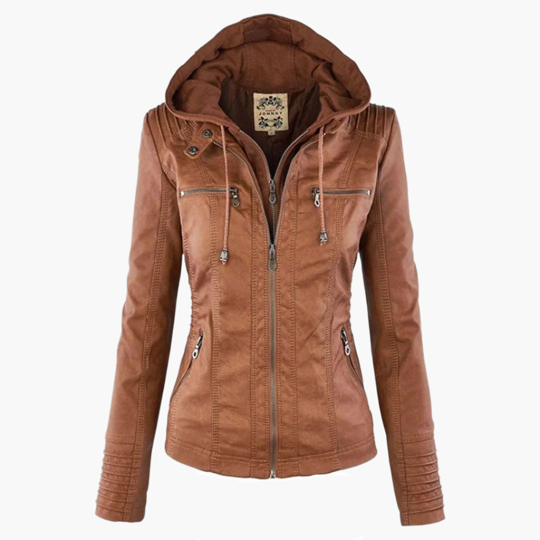 Damen Übergangsjacke mit Kapuze und Reißverschluss im modernen Biker-Stil