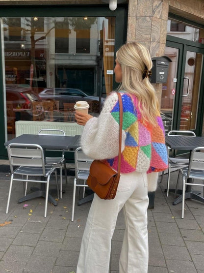 Damen Strick-Cardigan mit Farbblöcken und Ballonärmeln