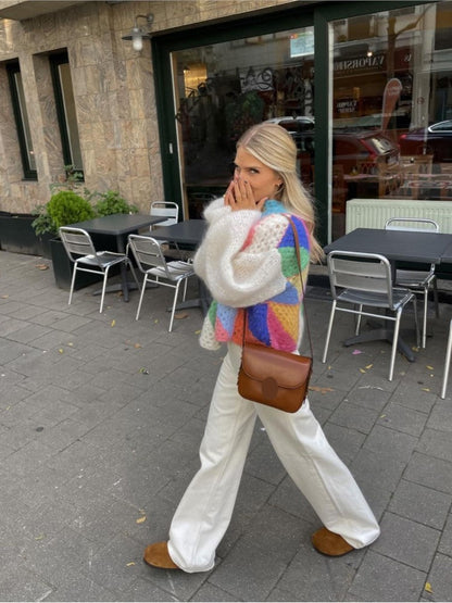 Damen Strick-Cardigan mit Farbblöcken und Ballonärmeln