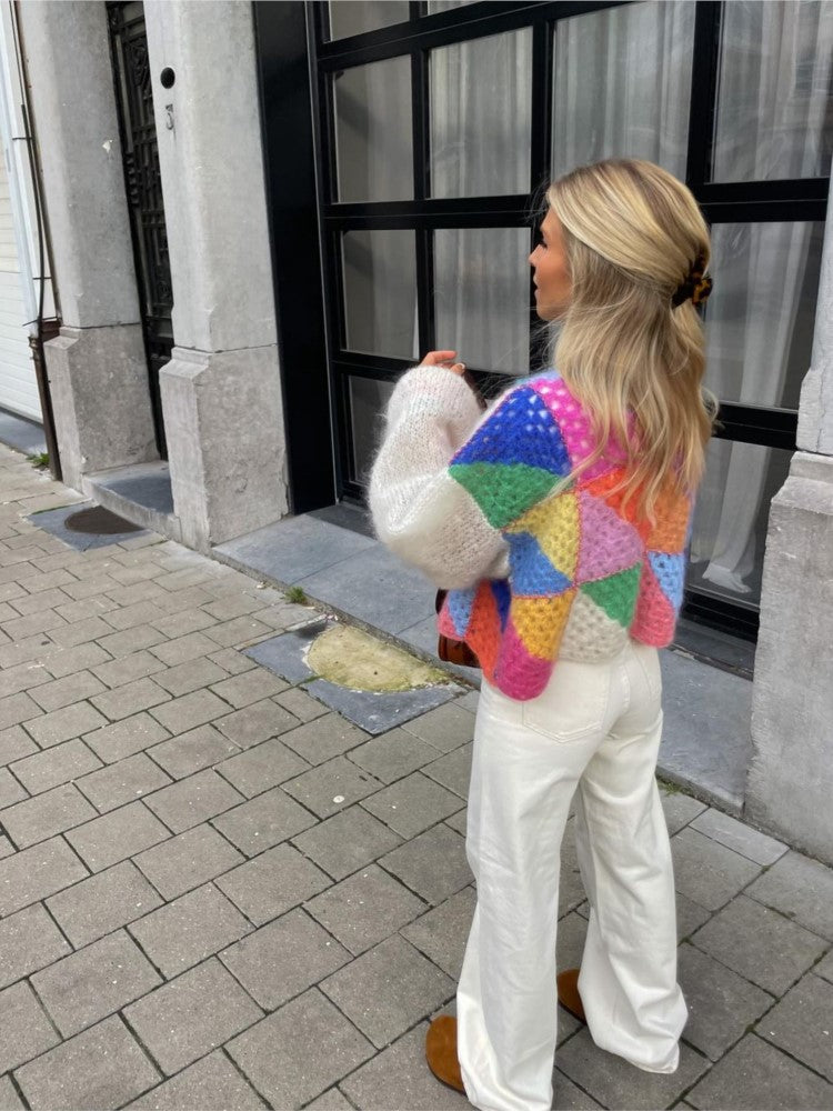 Damen Strick-Cardigan mit Farbblöcken und Ballonärmeln