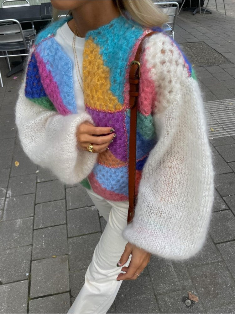 Damen Strick-Cardigan mit Farbblöcken und Ballonärmeln